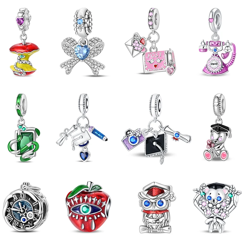 

100% 925 Sterling Silver Red Apple Bow Telephone Retro Pocket Watch Charms Beads Fit Qikaola 925 Original Bracelets DIY Jewelry