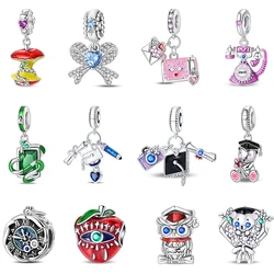 100% 925 Sterling Silver Red Apple Bow Telephone Retro Pocket Watch Charms Beads Fit Qikaola 925 Original Bracelets DIY Jewelry