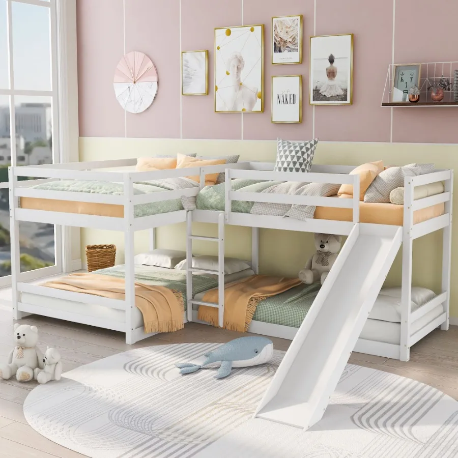 

Full and Twin Size LShaped Bunk Bed with Slide and Short Ladde