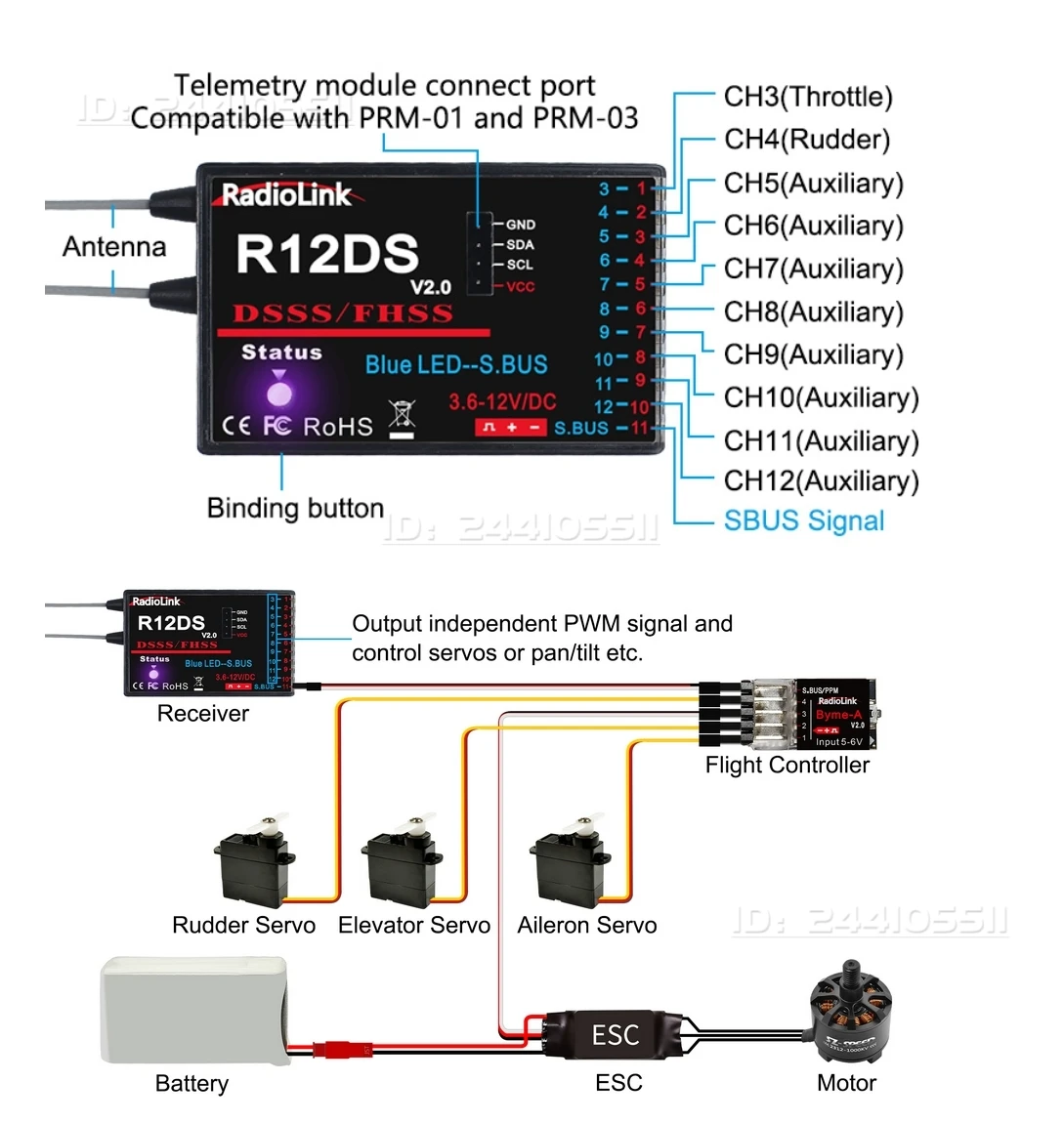 Radiolink R12DS 12-kanałowy odbiornik 2.4G 4000 metrów telemetria w czasie rzeczywistym 3.6-12V do samolotów RC, łodzi, robotów, multikopterów, szybowców