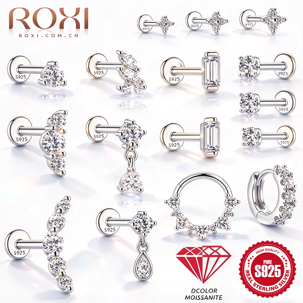 ROXI Moissanite 925 Sterling Silver Geometric Tassel for Women Piercing Earring Flat Back Stud Helix Flower Pendant Fine Jewelry