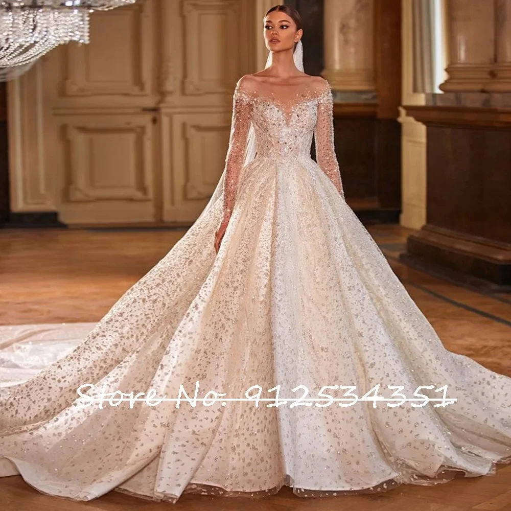 Vestidos De Novia Shining Long Sleeve Ball Gown Wedding Dress Beading Tulle Luxury Hochzeitskleid Button Back Gorgeous Trouwjurk