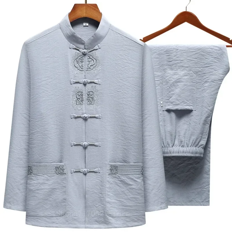 Ropa Wu Shu de lino y algodón para hombre, camisa de manga Hanfu con bordado Retro chino tradicional, pantalón largo, Kung Fu, Tai Chi MN8