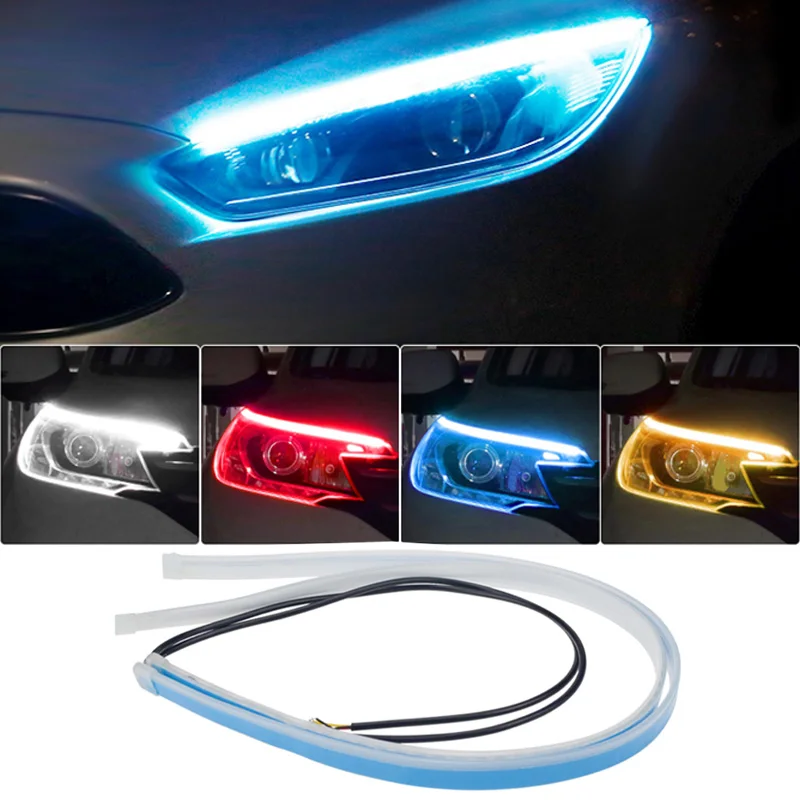 2pcs LED DRL Car Daytime Running Light Signal Lamp Flexible Decorative Strip Auto Headlights White Turn Yellow Flowing Signals