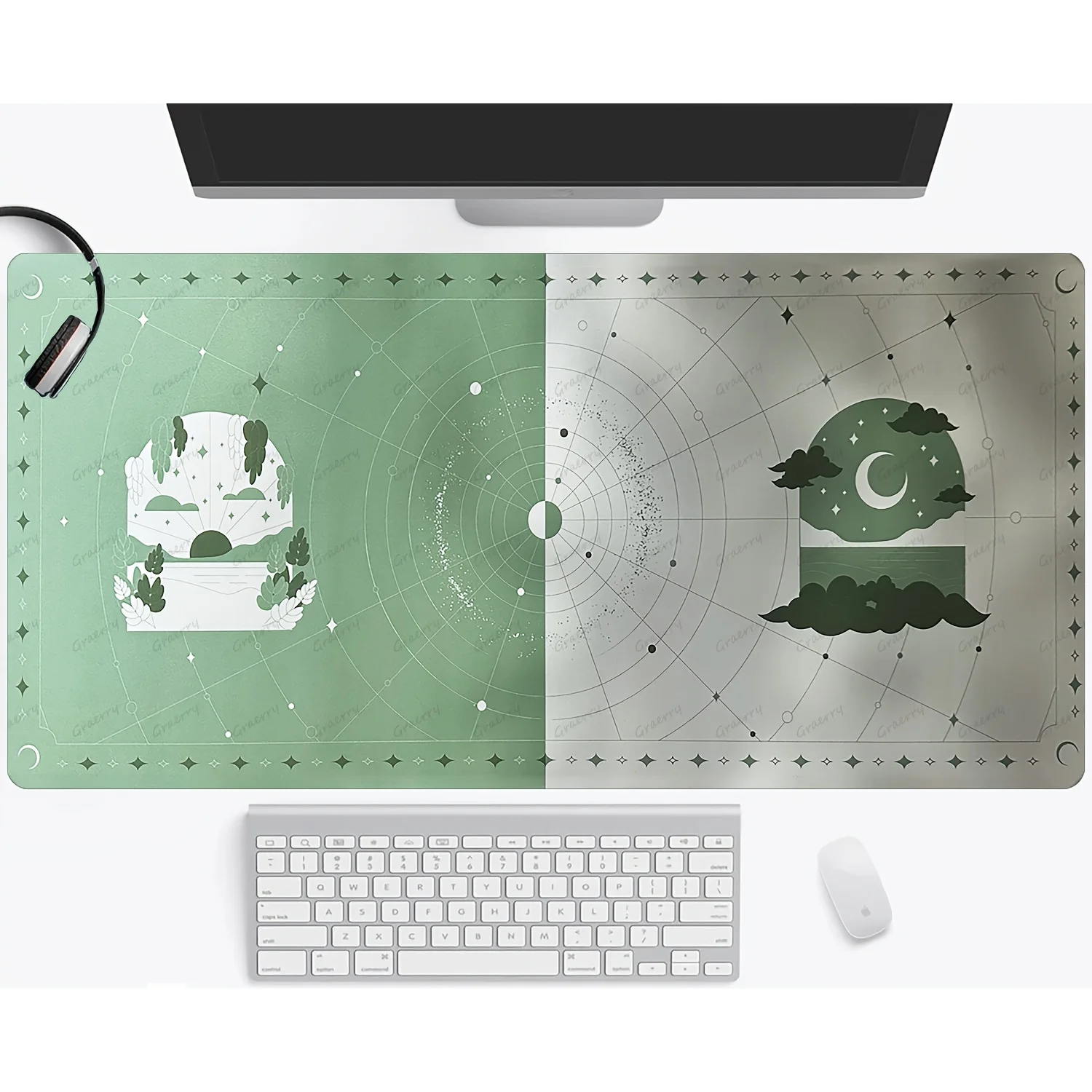 

1pc Green Themed Dawn & Dusk Celestial Gaming Mouse Pad & Keyboard Mat - Large Non-Slip Rubber Base, Stitched Edges, Smooth Poly