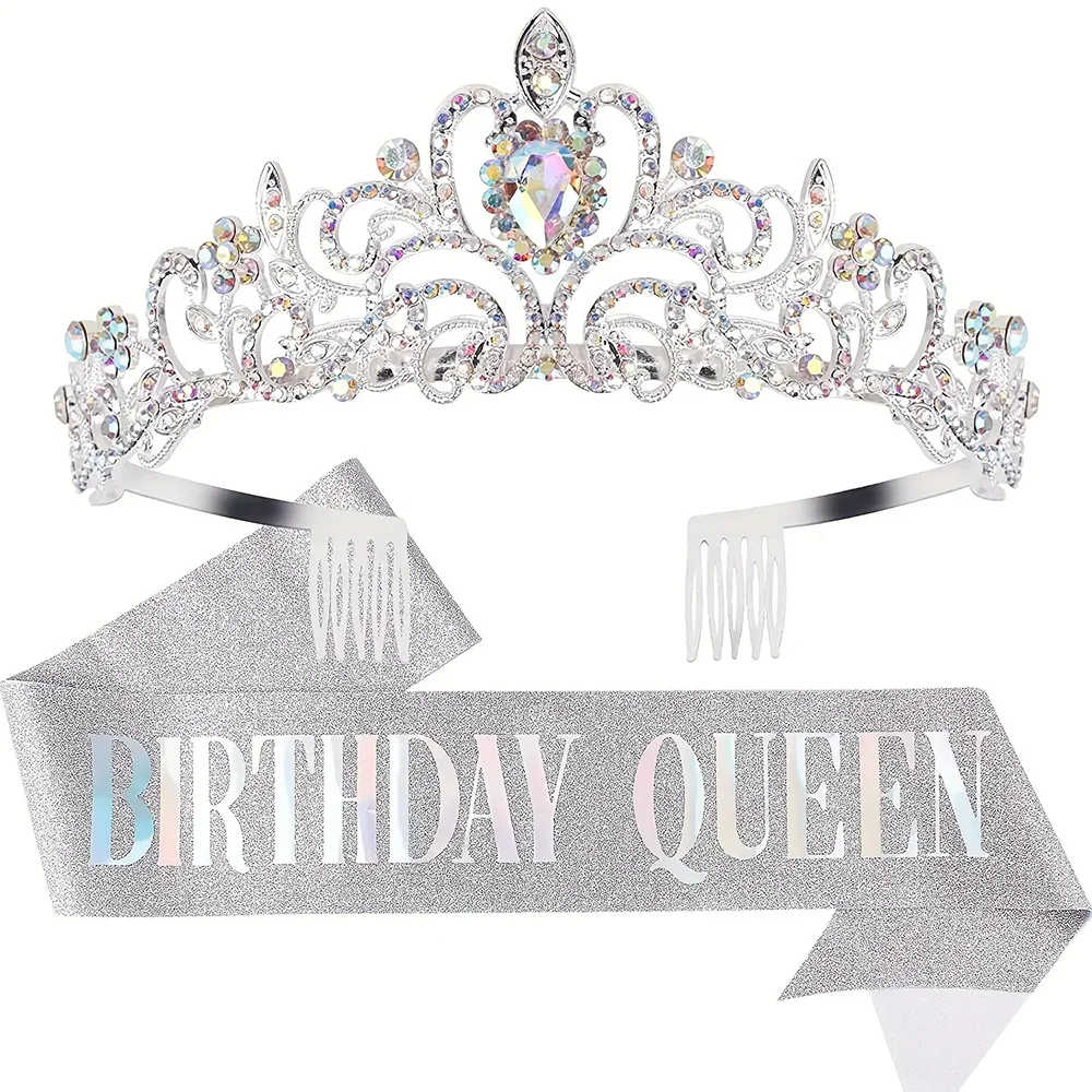 Bling Strass Kristall Krone Tiara Geburtstags kind Königin Schärpe und Krone für Frauen Geburtstags feier Dekoration Kit – Detail 6