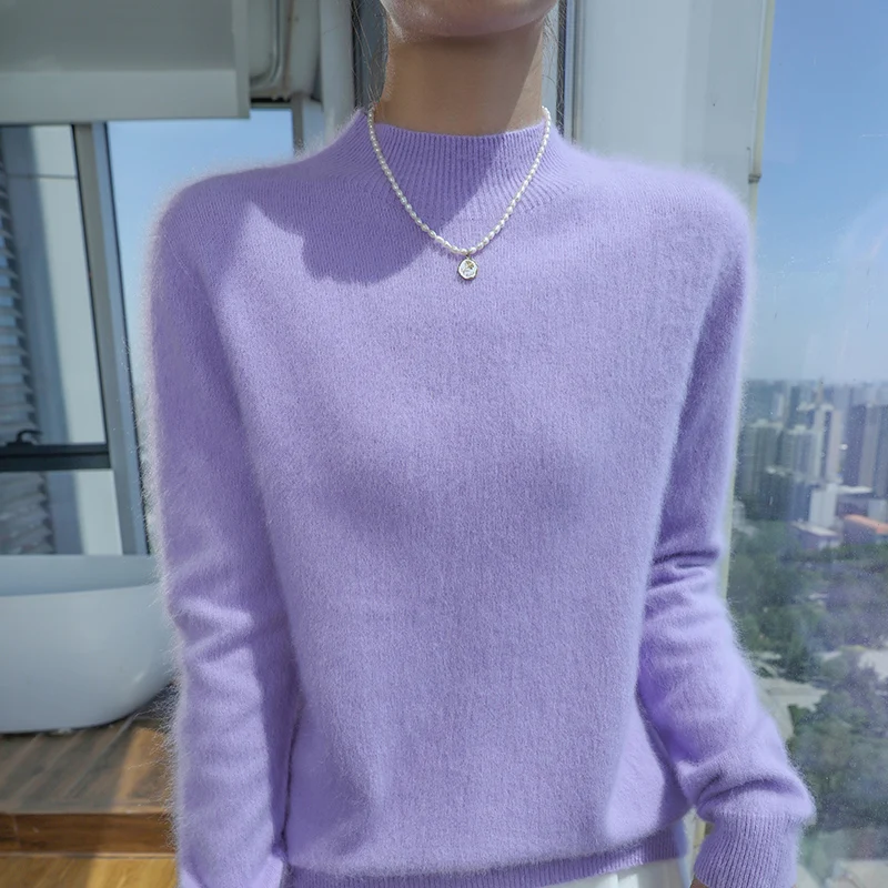 Autumn Winter Women\'s Basic Mock-neck Pullover Sweater 100% Mink Cashmere Solid Long Sleeves Cashmere Knitwear Female Clothing