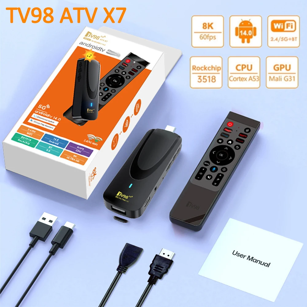 

TV98 ATV X7 TV Stick 2GB16GB Android 14.0 Allwinner RK3518 Quad Core Wi-Fi 4G 5G BT5.0 Голосовой пульт дистанционного управления Smart Assistant HD 4K 8K iptv