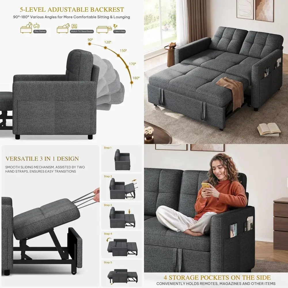 

Серый диван-кровать 3-в-1 с выдвижным металлическим каркасом, льняной обивкой, откидной спинкой и боковыми карманами для гостиной