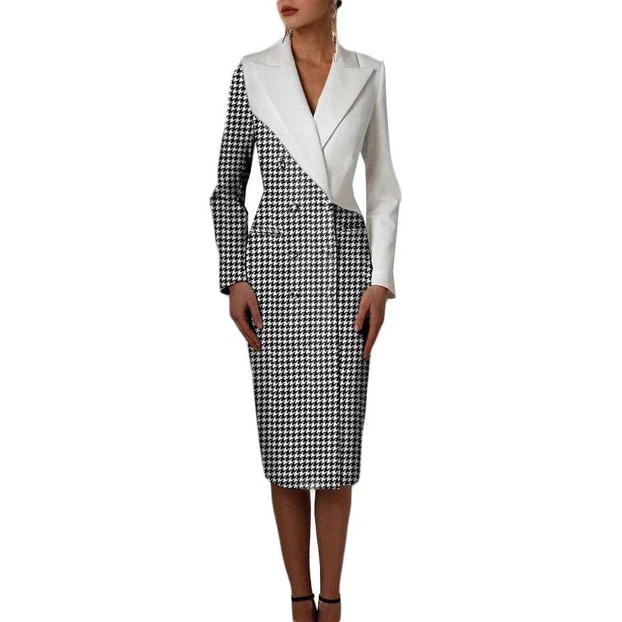 Fashion Plaid Double Breasted Women Slim Long Jacket Suits Ladies Prom Evening Guest Formal Wear Customized Blazer