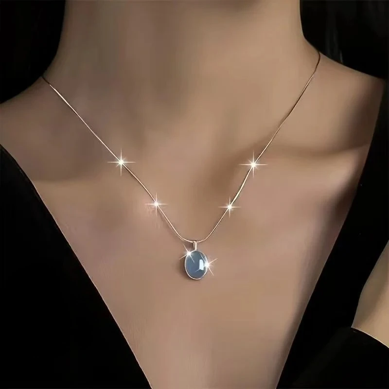 

925 Sterling Silver Necklace with Moonstone and Natural Aquamarine Pendant, Necklace, Clavicle Chain, Women's Jewelry