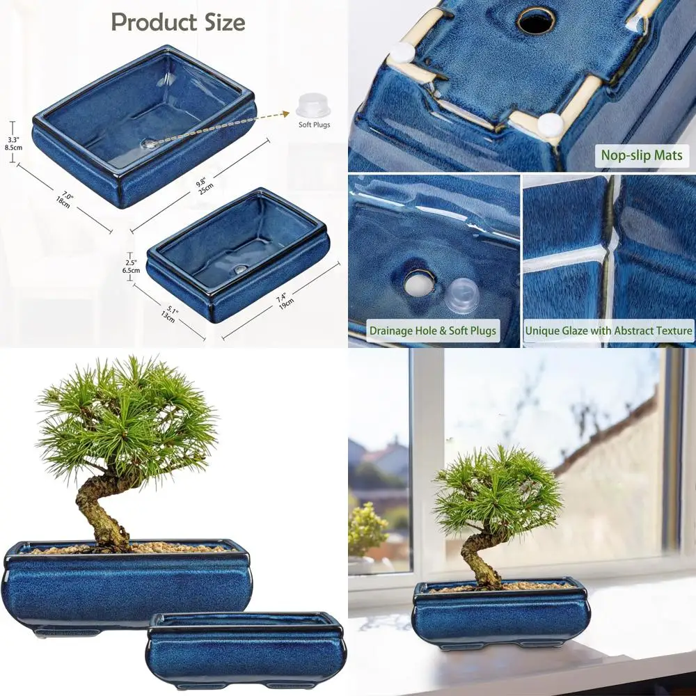 

Pair of Blue Ceramic Rectangular Bonsai Pots, 9.8 & 7.4, with Drainage for Indoor/Outdoor Plants, Ideal for Succulents, Cacti, O