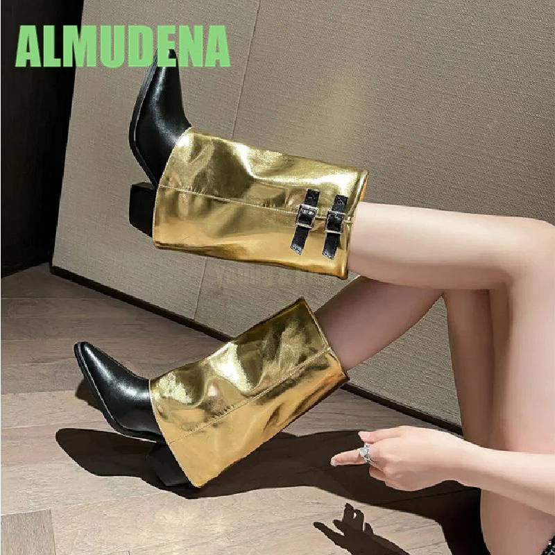 

Splicing Mid Length Boots with Fashionable Pointed Retro Buckle and Decorative Mid Heel for Autumn and Winter Women's Boots