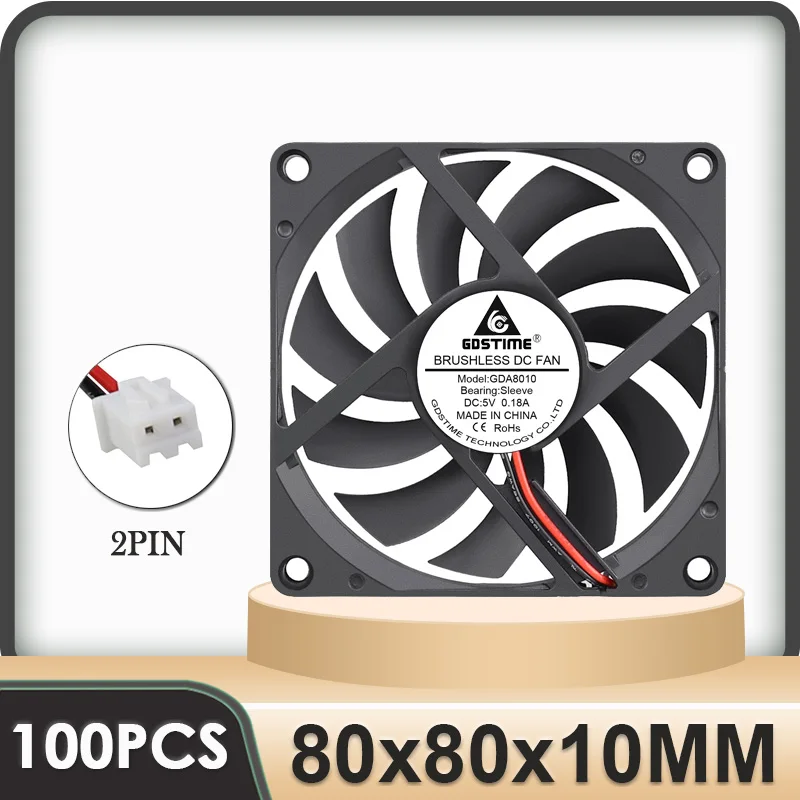 Gdstime 100 pcs DC 5V 80mm x 10mm Brushless Cooling Fan 80x80x10mm 8010s Computer Case PC CPU Host Cooler 2Pin 2-wire 3 inches