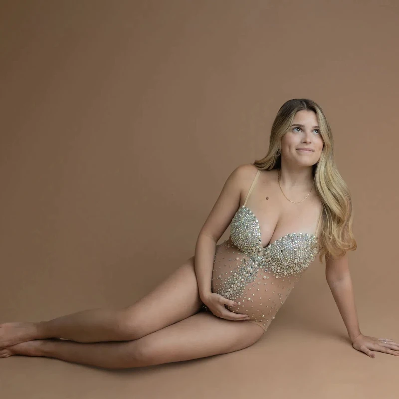 Rhinestone Strap Bodysuit Maternity One Piece Maternity Lingerie Luxury Sequin Pearl See Through Maternity Jumpsuit