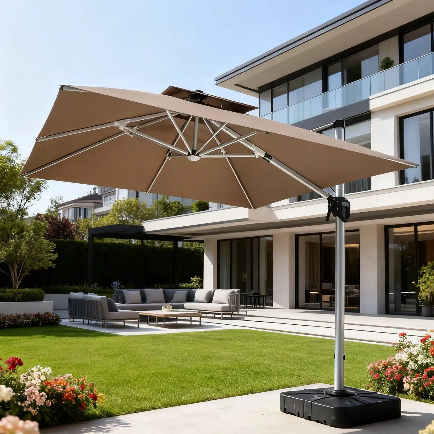 

Современный водонепроницаемый и ветрозащитный уличный светодиодный зонт-парасоль для отелей, 3м * 3м, с двойным алюминиевым квадратным куполом, стальной конструкция.