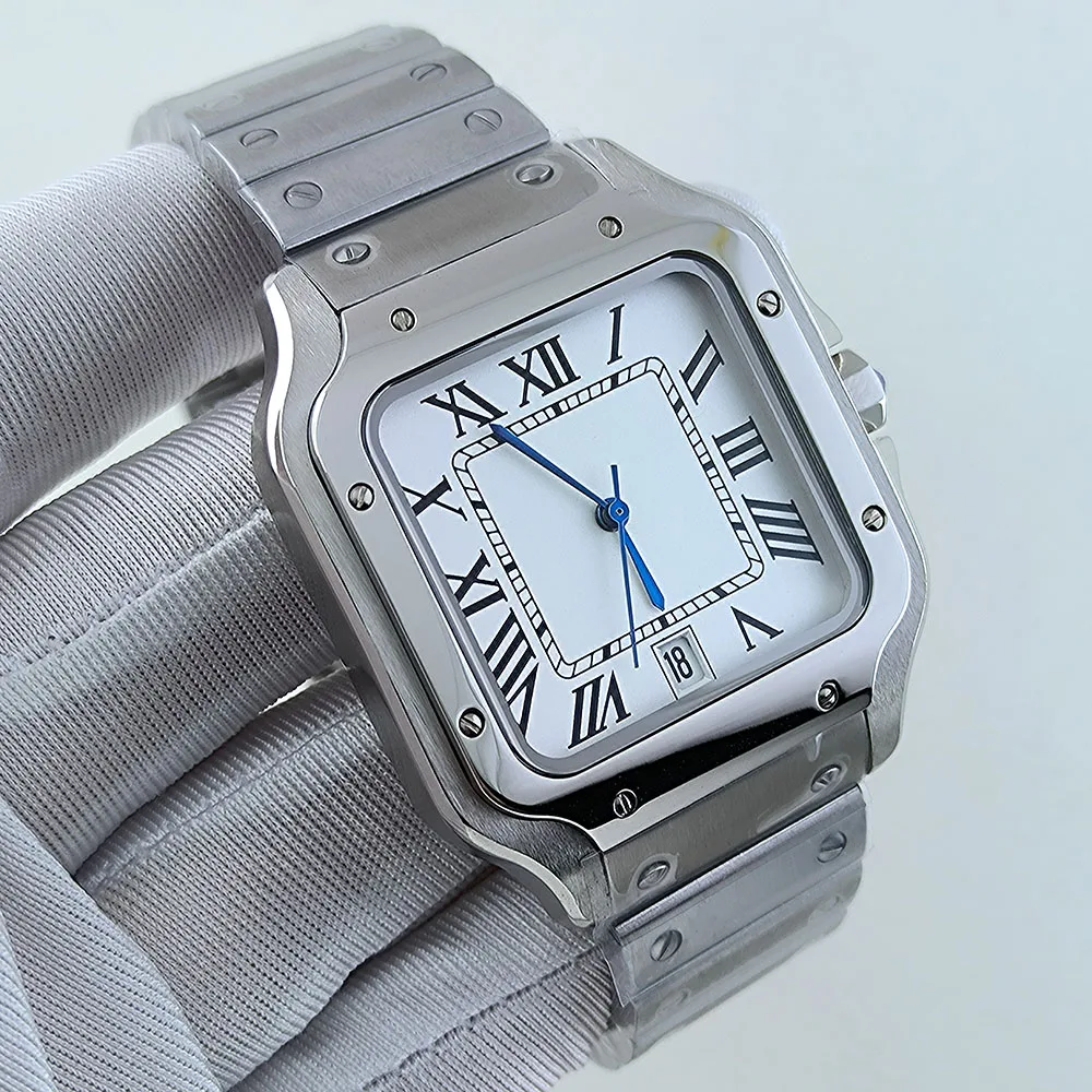 NH35 Square Watch Roma Dial Men's Automatic Watch Folding Buckle Bracelet NH35 NH36 Movement Date at 3/6 O'clock Watch