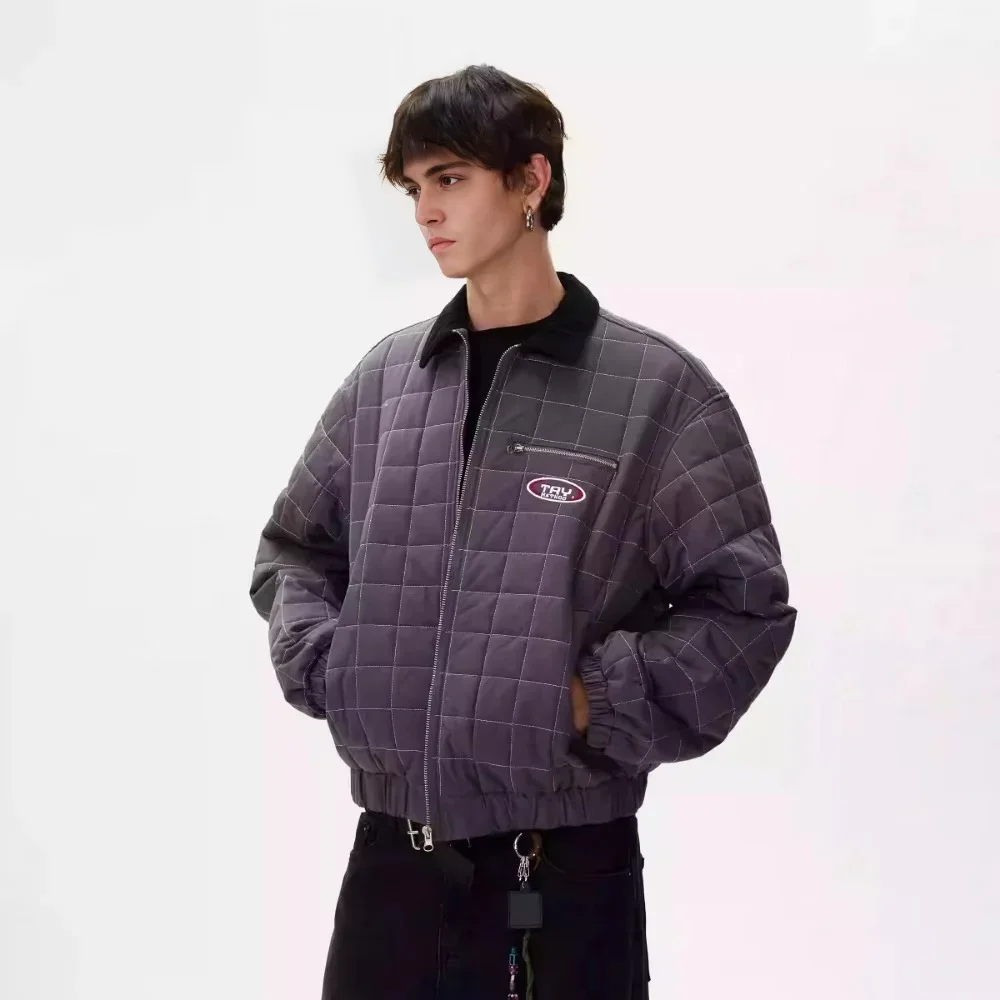 Tung Sung Jaqueta xadrez puffer lapela americana quente curto parkas chique limpo ajuste casaco leve masculino inverno