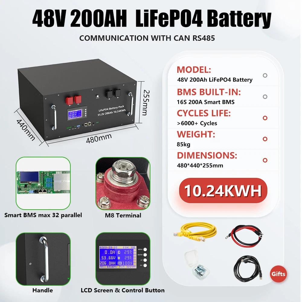 48V 300Ah LiFePO4 Batterij 15KW Bluetooth 16S 200A BMS 51.2V 100Ah150Ah 200Ah 6000+ Cycli Graad A Nieuwe Cellen CAN/RS485 EU Geen Belasting