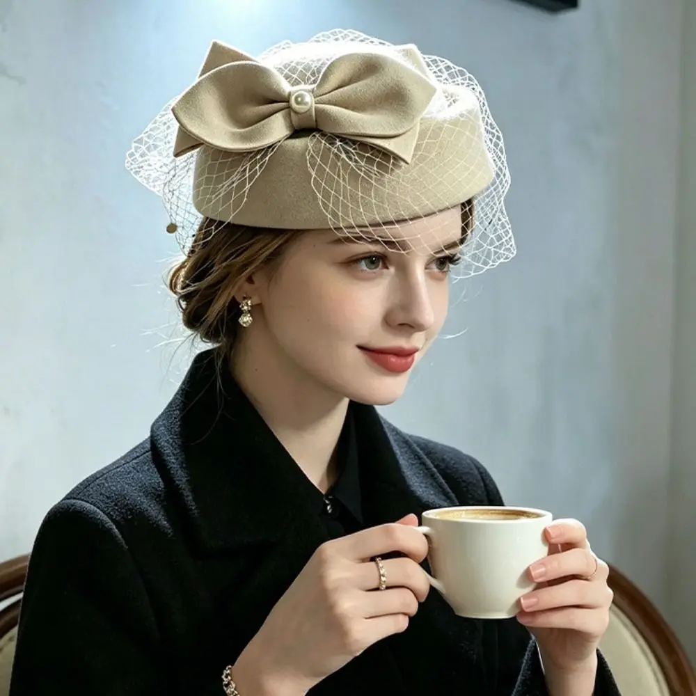 Woolen Top Hat French Style Bow Fedora Hat Fedoras Elegant Pillbox Hat Teardrop Versatile Mesh Topper Hat Live Show