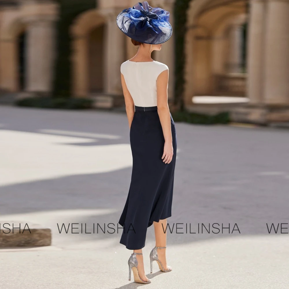 Customized Elegant Evening Dresses for Women Luxury Jersey Sheath/Column Navy Blue O-Neck Feather Beads Two-piece set Prom Dress