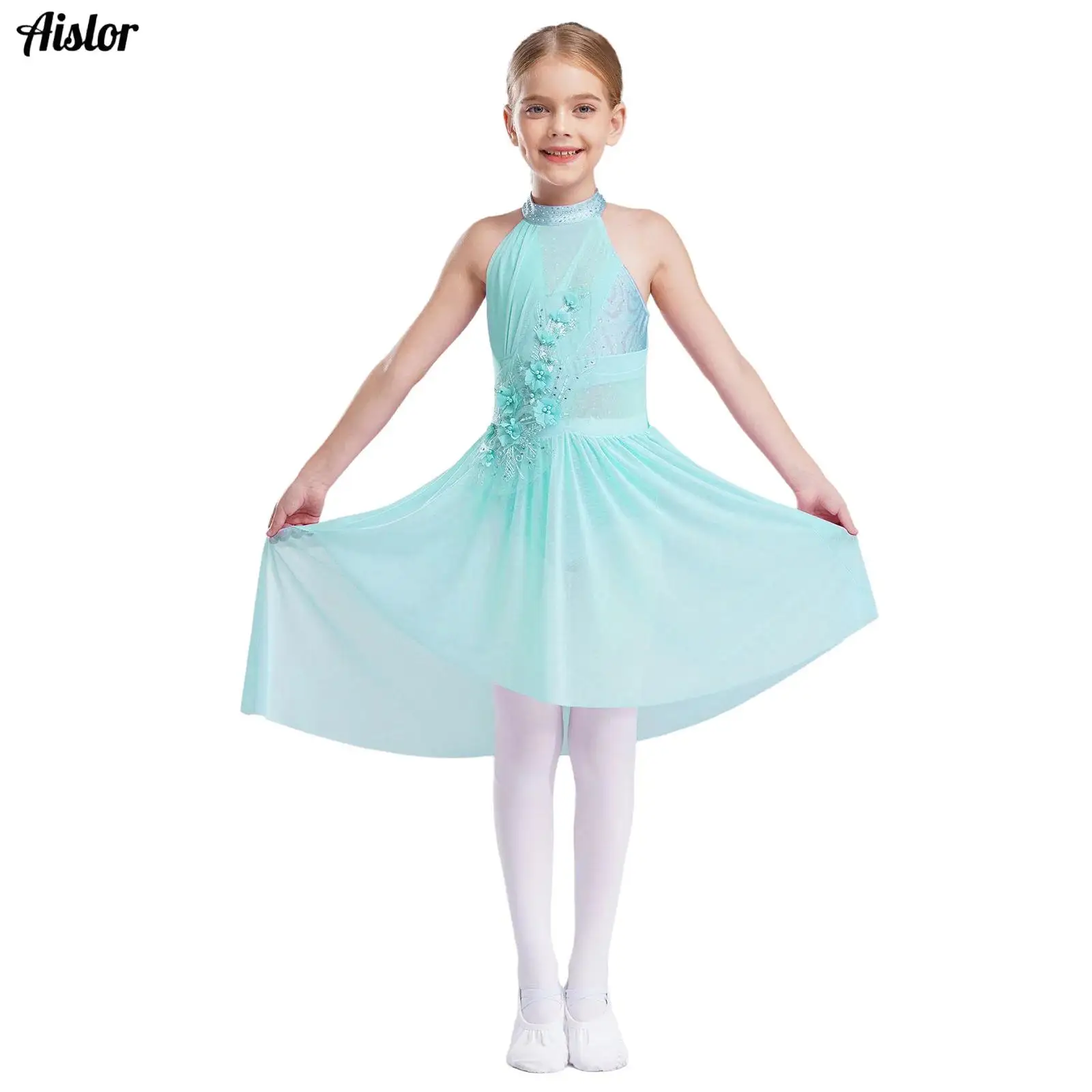 

Kids Girls Lyrical Dance Dress Sleeveless Sparkly Rhinestones Applique Irregular Hem Leotard Dress Ballet Gymnastics Dancewear