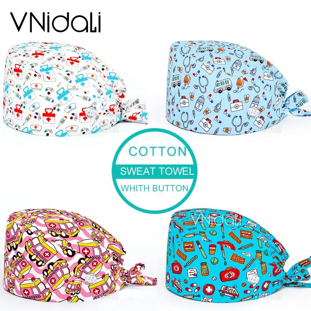 Met Knoppen Cap Lab Pet Shop Scrub Cap Verpleging Hoeden Verpleegkundige Accessoires Katoen Cap Met Zweet Handdoek Huisdier Medische Scrubs care Cap