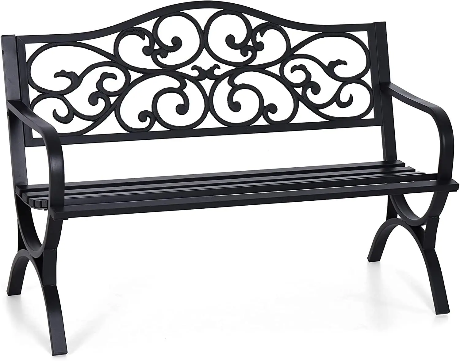 

50-Inch Cast Iron Steel Frame Garden Bench Outdoor Patio Bench Chair w/Floral Design Backrest, Slatted Seat for Park,