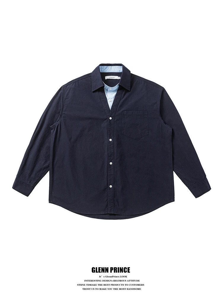 Loose Fit Long Sve Deep V Ne Contrast Color Stand Collar Commute Men's irt GPstudio Retro Korean Sle False Two-Piece