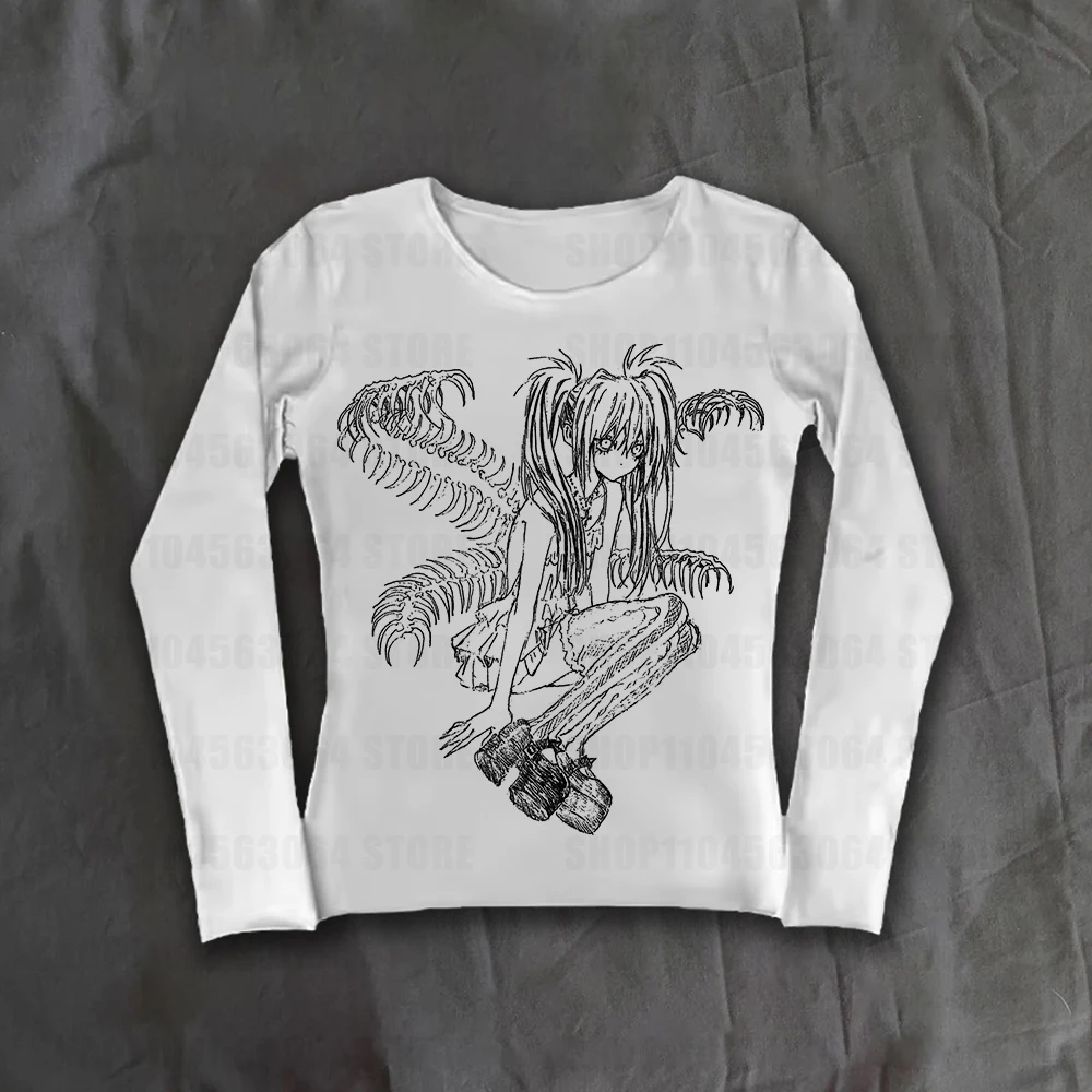 

Y2k стиль аниме принт узор готический эмо панк футболка с длинными рукавами гранж топ ретро готический женский летний и осенний повседневный