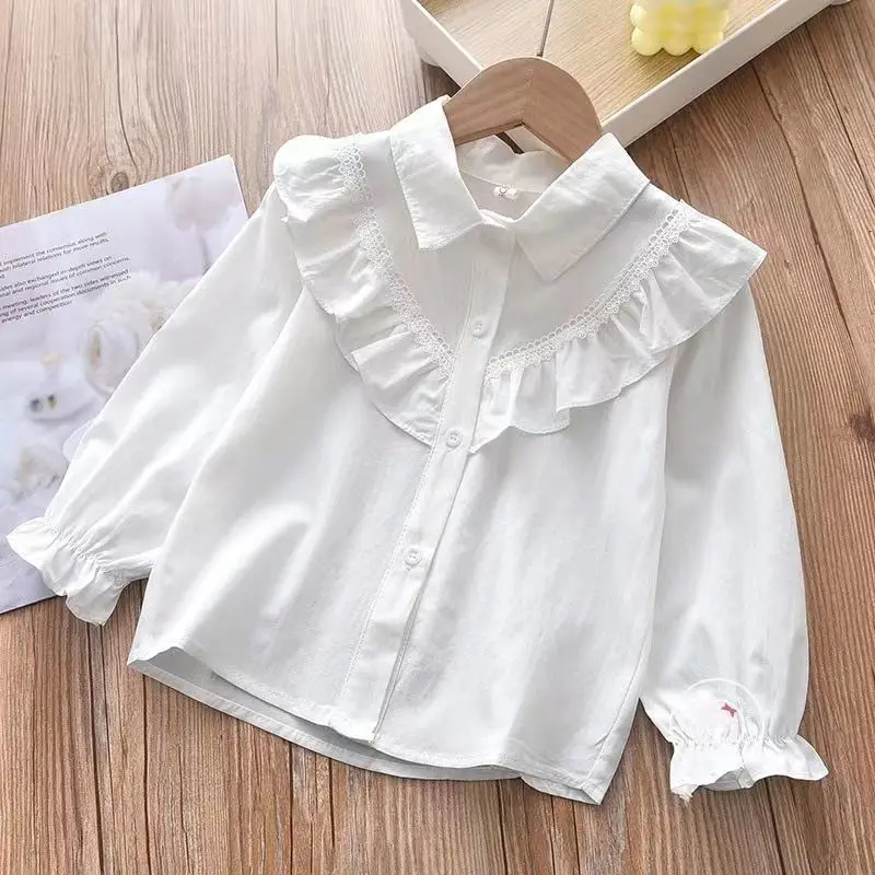 Children\'s Shirt Spring and Autumn New Korean Edition Girls\' Baby Long Sleeve Pure Cotton Shirt Top White Shirt Lace