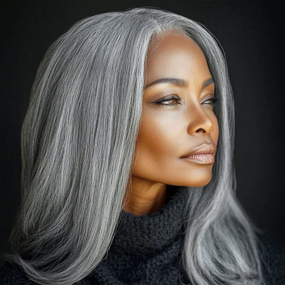 

Soul Lady Salt And Pepper Wig Silky Straight Hair Long Wig Human Hair 5x5 HD Lace Closure Wigs For Elegant Seniors Women
