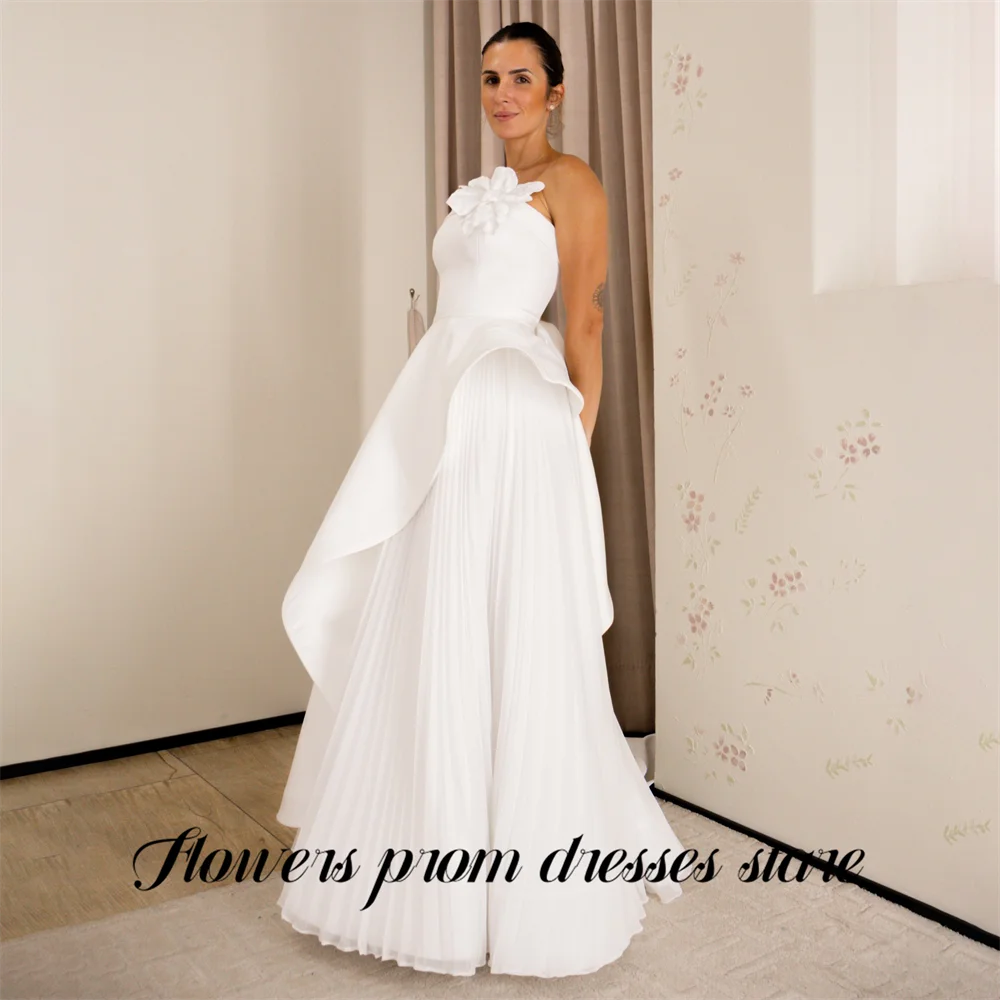 

Flowers White 프롬 드레 Strapless Sleeveless Prom Gown 3D Floral Party Dresses for Formal Event A Line Satin Modest Customized