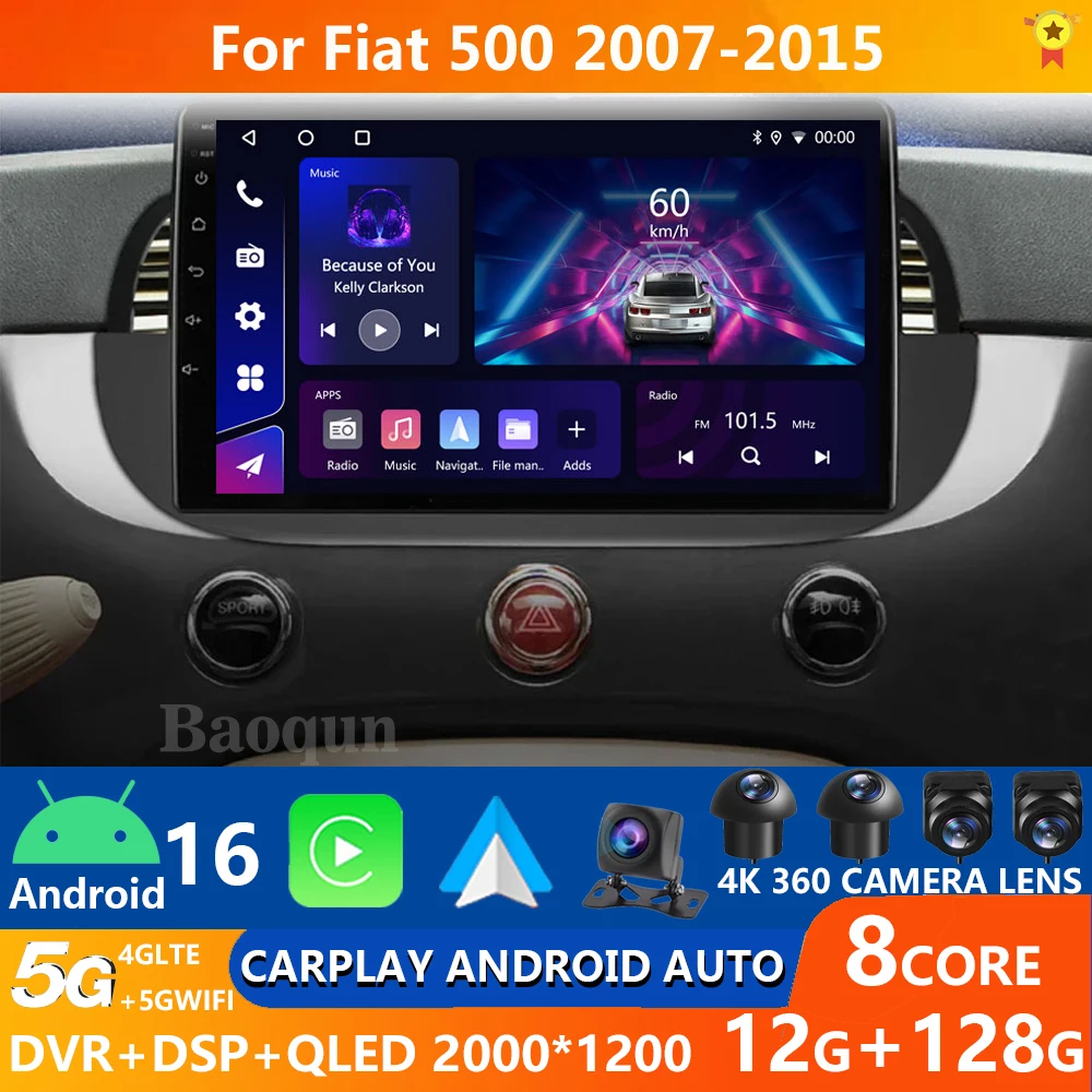 Android 16 для Fiat 500 2010-2015 9-дюймовый автомобильный радиоприемник стерео GPS-навигация рулевое колесо мультимедиа Carplay Auto WIFI BT ADAS DVR
