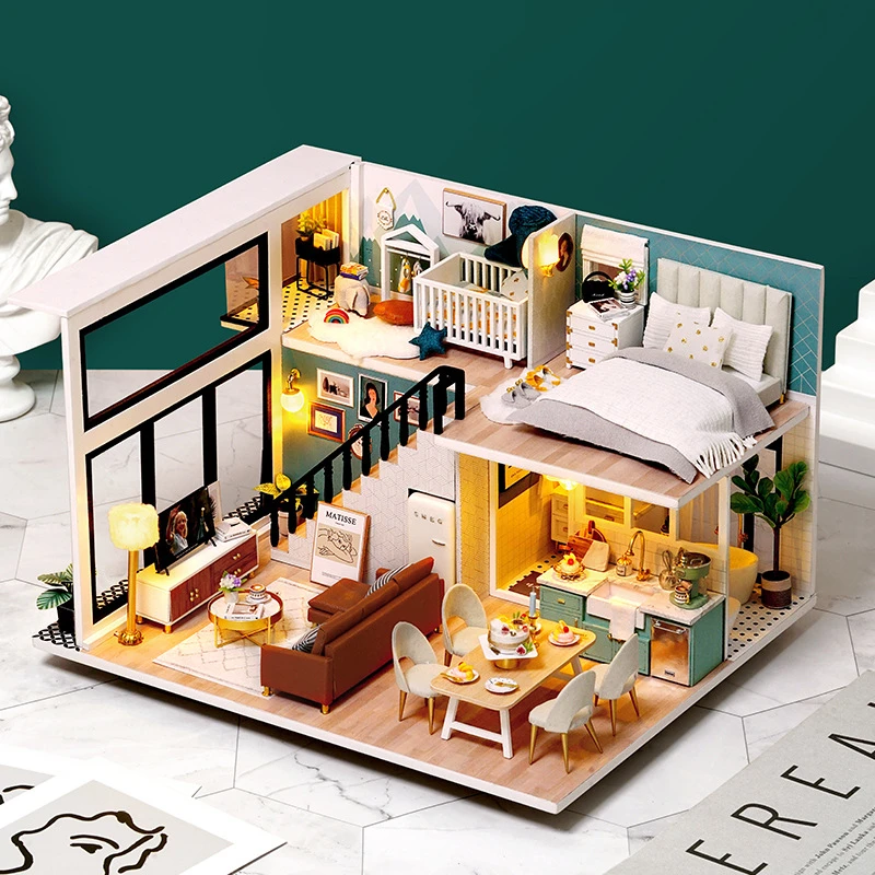 

DIY Wooden Modern Loft Casa Doll Houses Miniature Building Kit Dollhouse with Furniture Led Lights for Girls Birthday Gifts