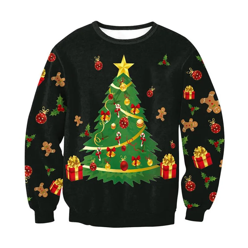 Men Women New Year Eve Xmas Sweatshirt 3D Christmas Gift Tree Print Ugly Christmas Sweater Pullover Holiday Party Jumper Tops