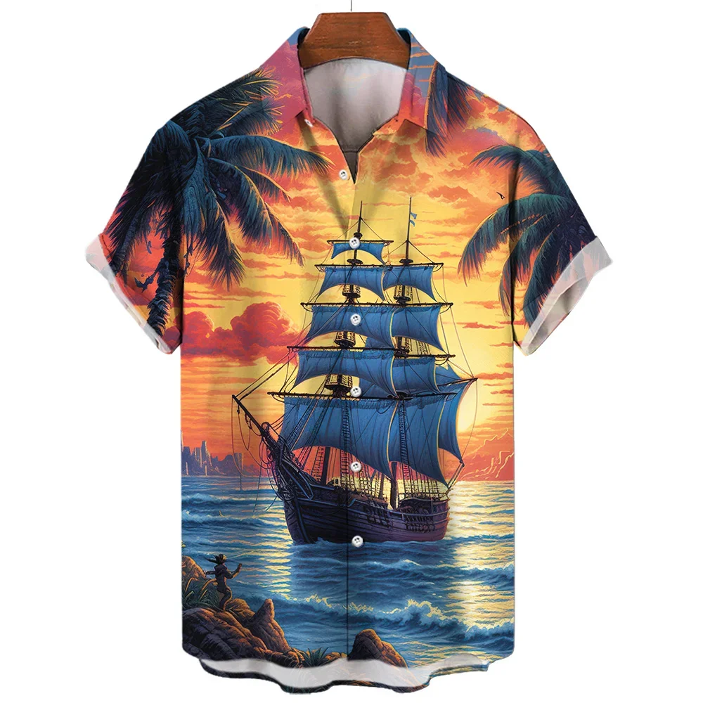 

2025 Hawaii Y2K Loose-fitting Voyager Sailboat Patterned Men's Shirt Ocean 3D Printed Vintage Short Sleeve Vacation New Casual B