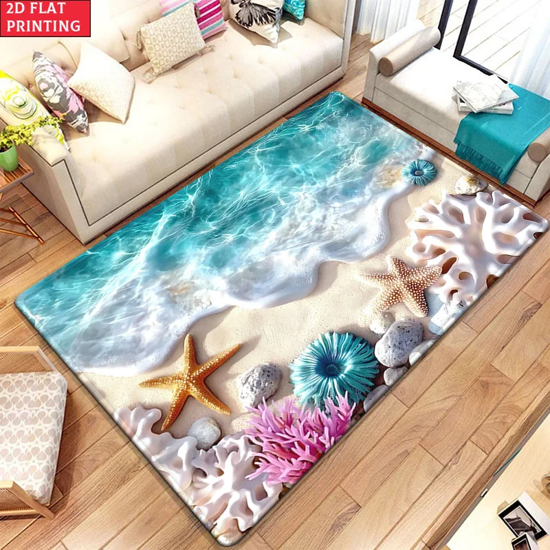3D Beach Waves Starfish Coral Floor Mat Flannel Rug 3D Printed Carpet Home Decor Living Room Rug Anti slip Washable Large Rug