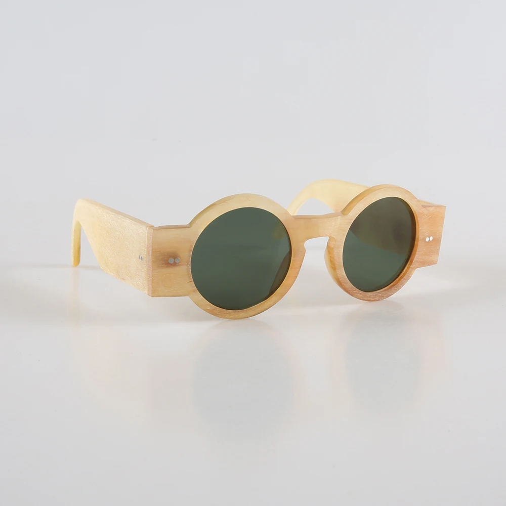 Man Sunglasses Women Round Fashion Retro Glasses Classic Eyeglasses Rough Vintage Wide Temple Handmade Honey Horn Men Sunglass