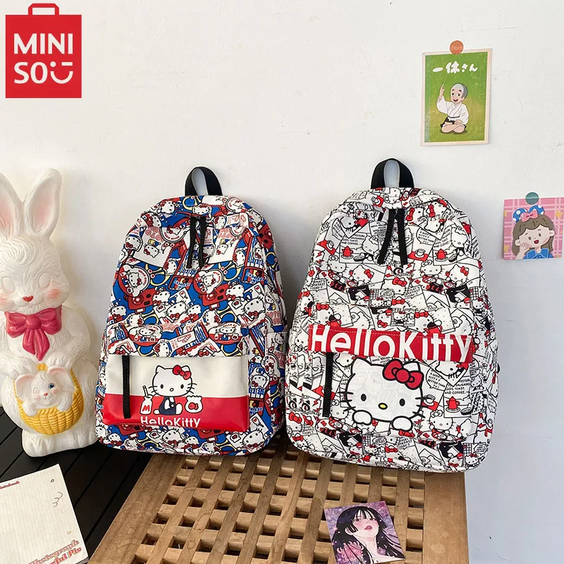 MINISO New Hello Kitty Backpack Women'S Trendy Nylon Large Capacity Bag Student Print Adjustable Shoulder Strap