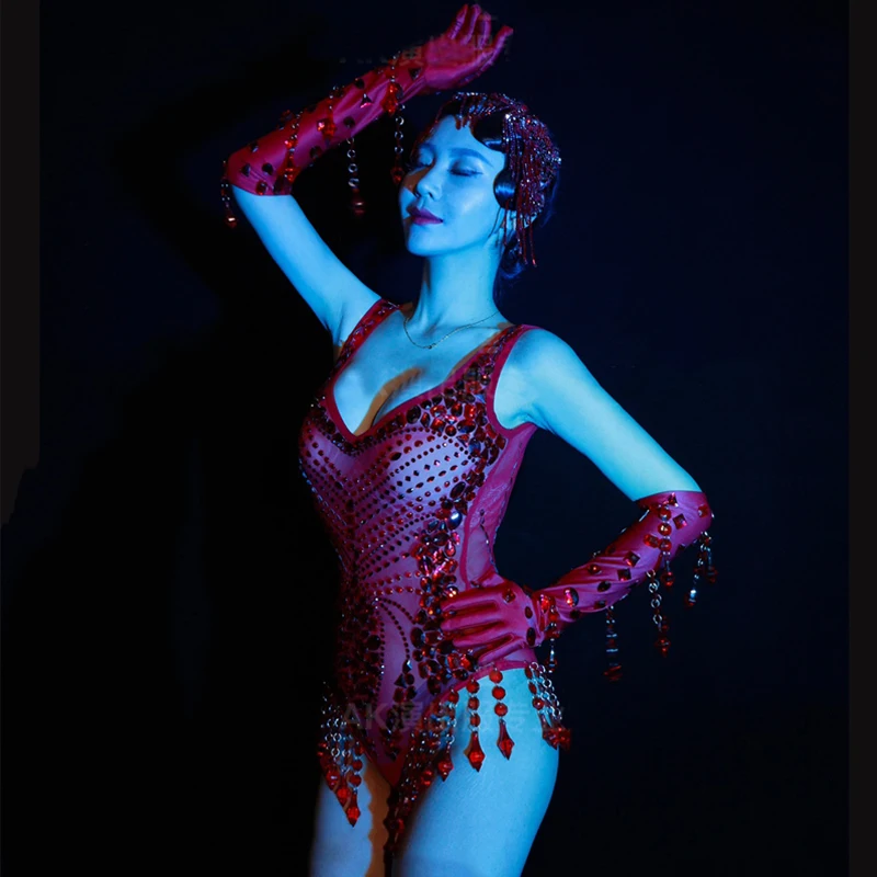 Nowy kostium Bar Nightclub DJ DS Gogo Full Rhinestones Red Bodysuit Gloves Women Pole Dance Clothing Stage Performance Wear Set