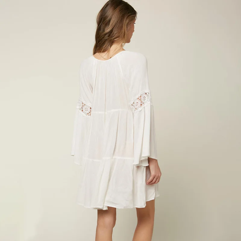 Casual Vacation Bikini Swimsuit Cover-up Dresses For women Boho Beach Flare Sleeve Lace Robe Deep V Neck Summer Dress Vestidos