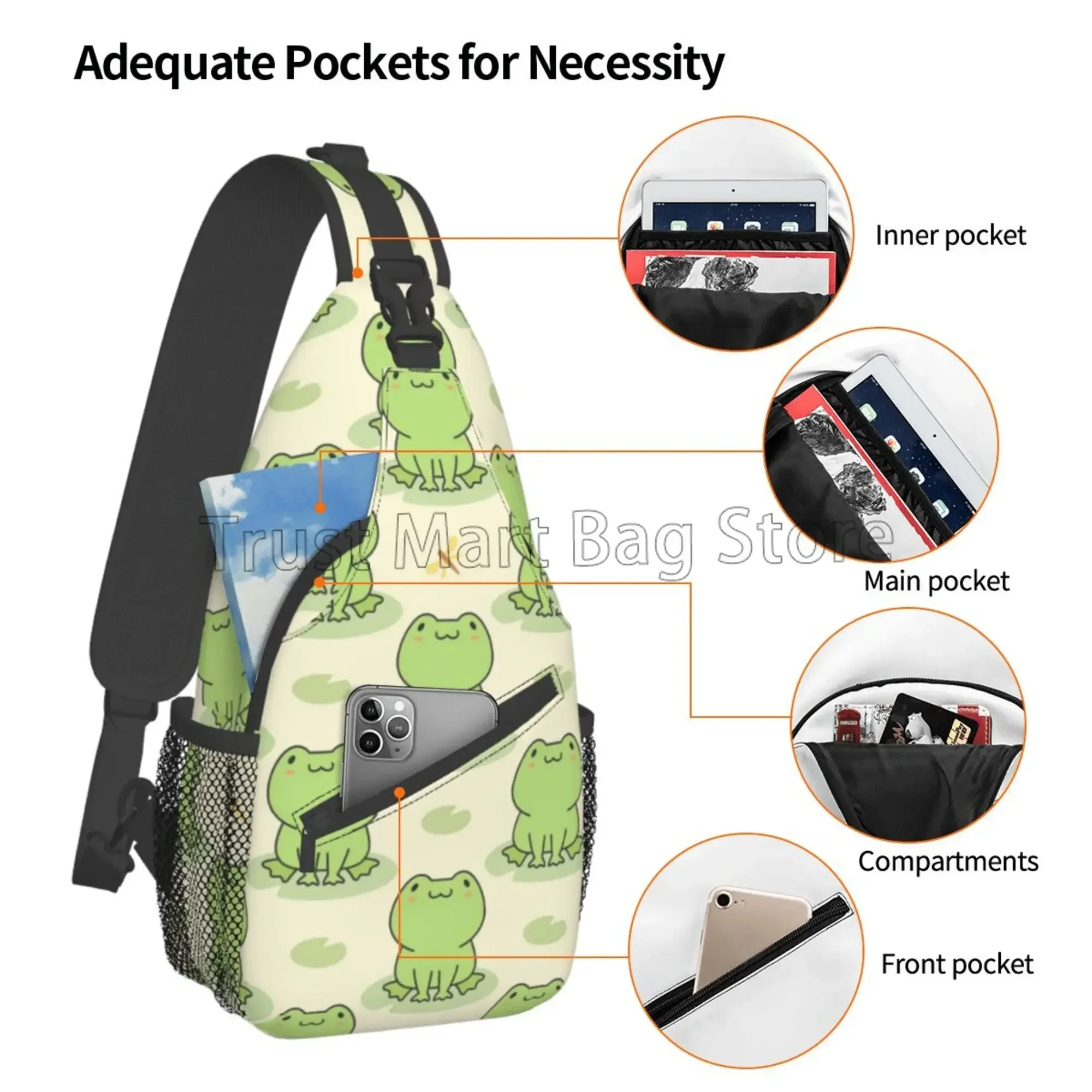 Cute Frog Print Sling Bag Crossbody Backpack Lightweight Chest Bag with Adjustable Shoulder Bag Casual Daypack for Travel Hiking