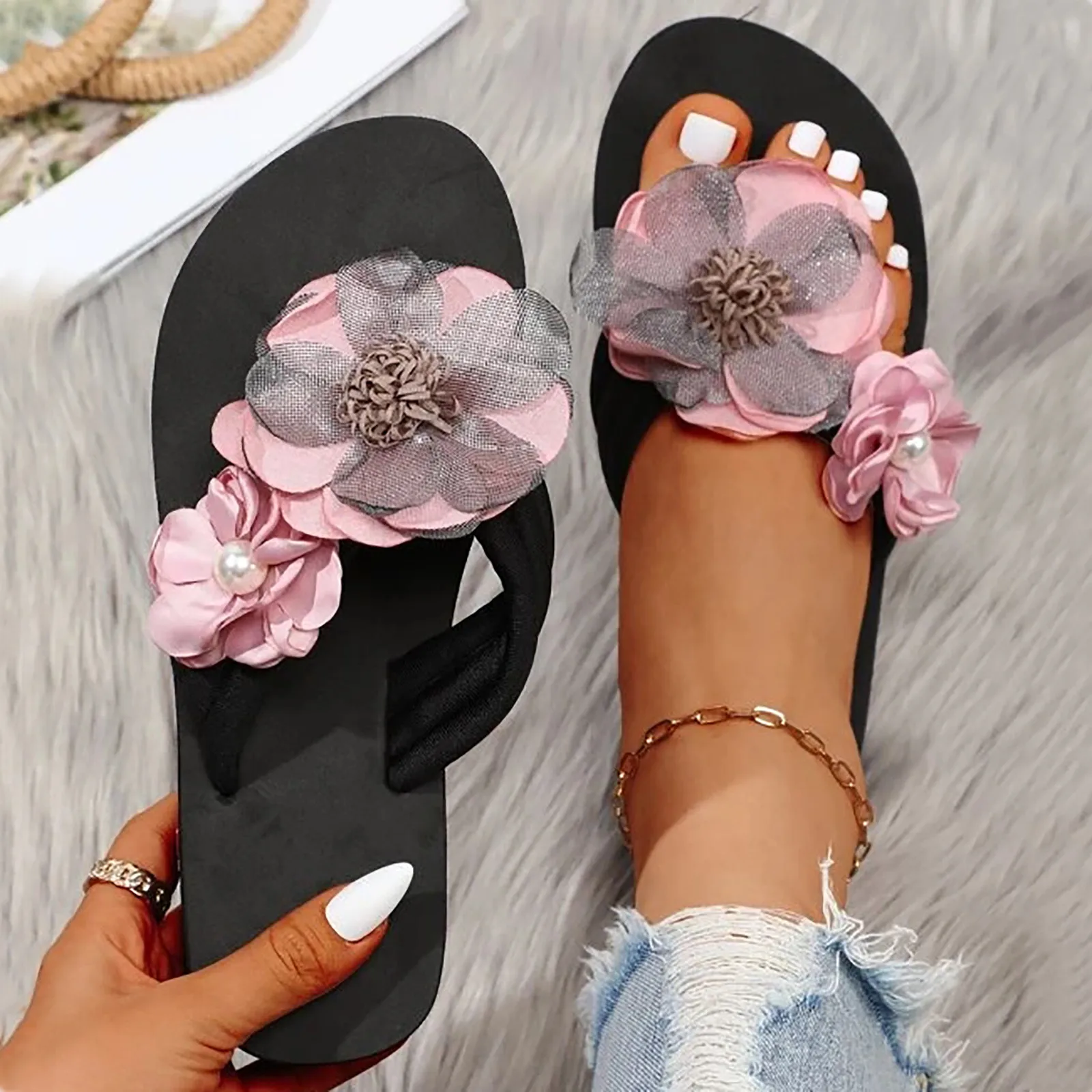 Slippers For Women Ladies Summer Flip Flops Open Toe Flowers Bohemian Sandals Casual Beach Shoes Outwear 2024 шлепки женские