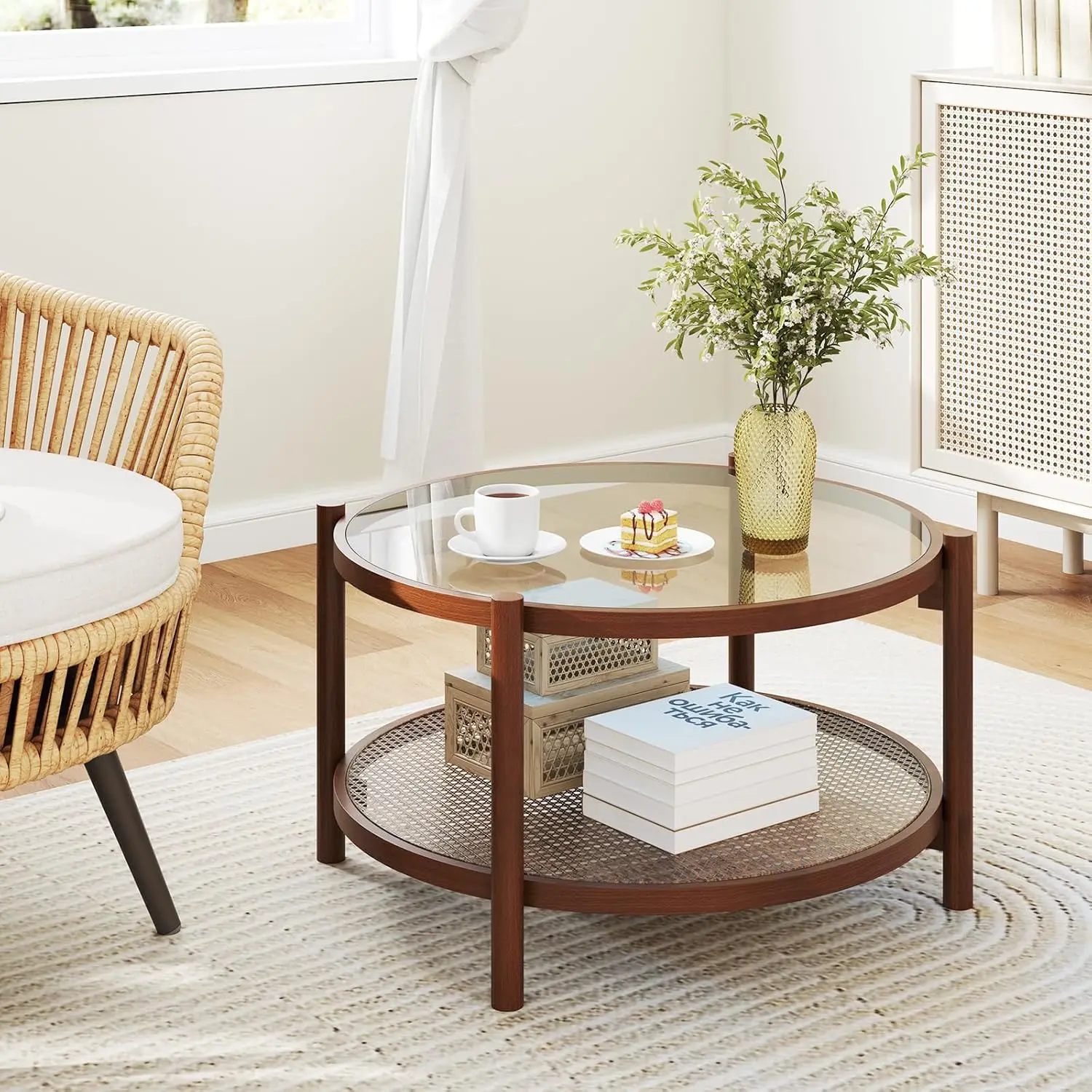 طاولة قهوة الروطان، طاولة مركزية زجاجية بوهو مع إطار من الخشب الصلب، سطح من الزجاج المقسى، رف تخزين الروطان PE، ريفي، خشب #3