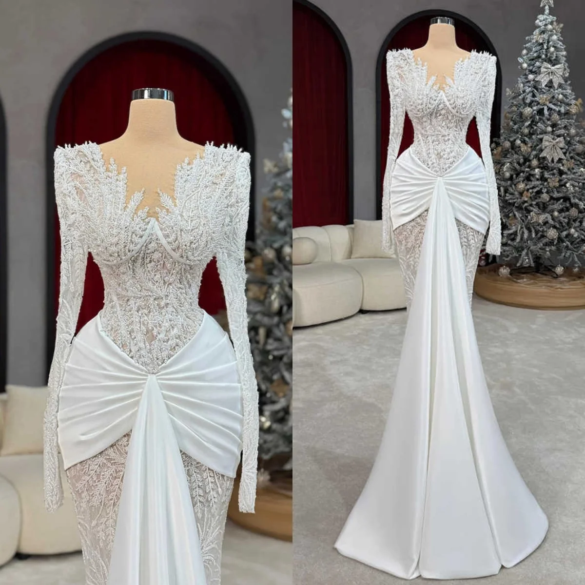 

Elegant Pearls Mermaid Wedding Dresses Long Sleeve Beadeds Bridal Gowns Engagement Party Customized Dresses