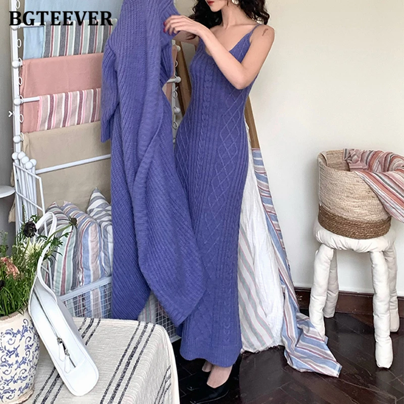 BGTEEVER Stylish Female Solid Knitted Outfits Long Sleeve Oversized Cardigans & Sleeveless Package Hip Dress Women 2 Pieces Set