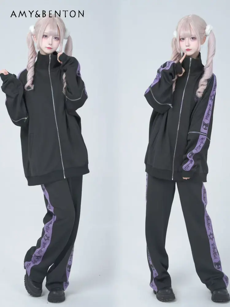 Setelan Dua Potong Wanita Bergaya Anime Jepang Asli, Subkultur Gothic, Jaket Oversize Lengan Lepas Pasang, Celana Kasual, Patchwork