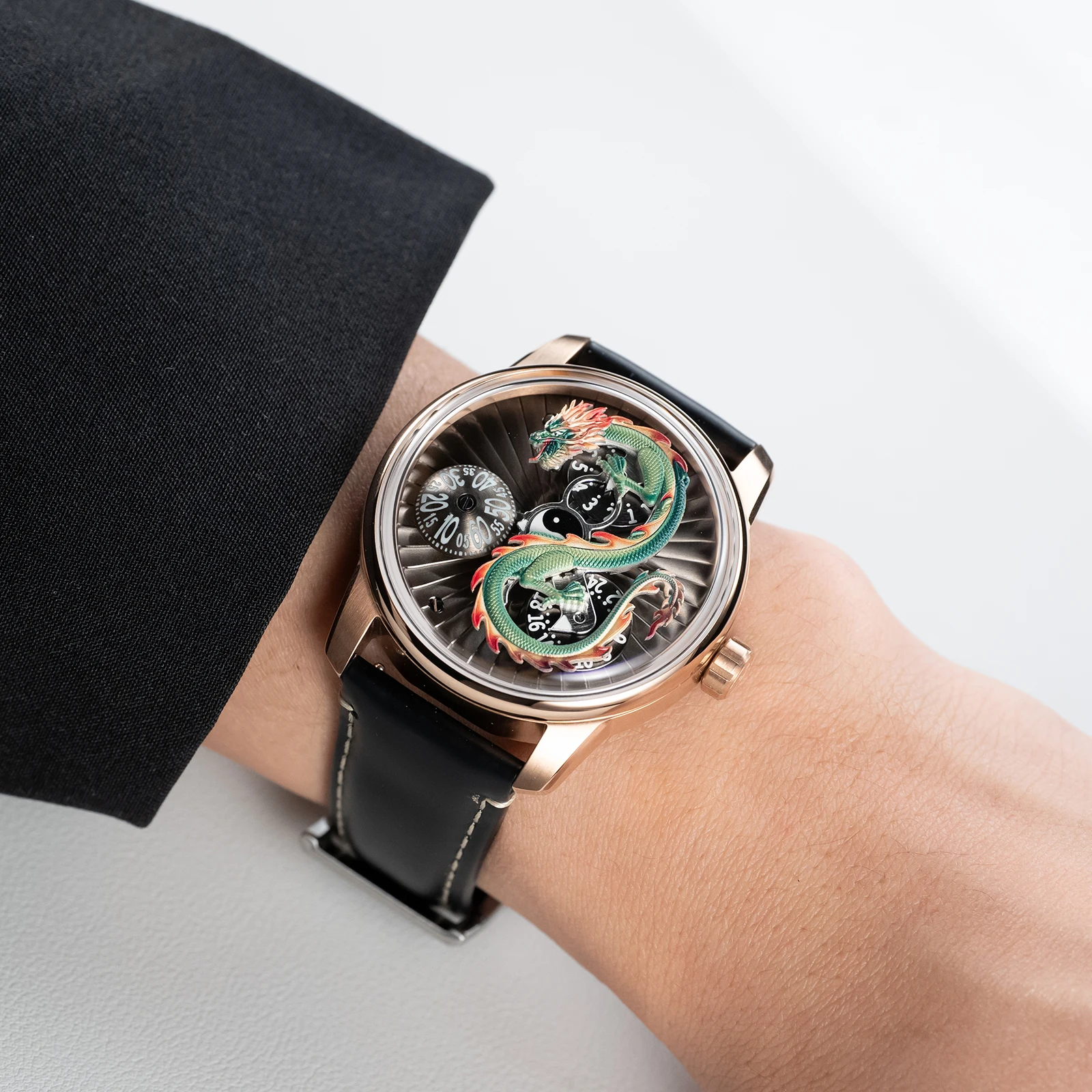 OBLVLO Men's 3D Green Dragon Leather Mechanical Watch Rose Gold Case Waterproof Automatic Classic Watch M-DRAGON-DOU
