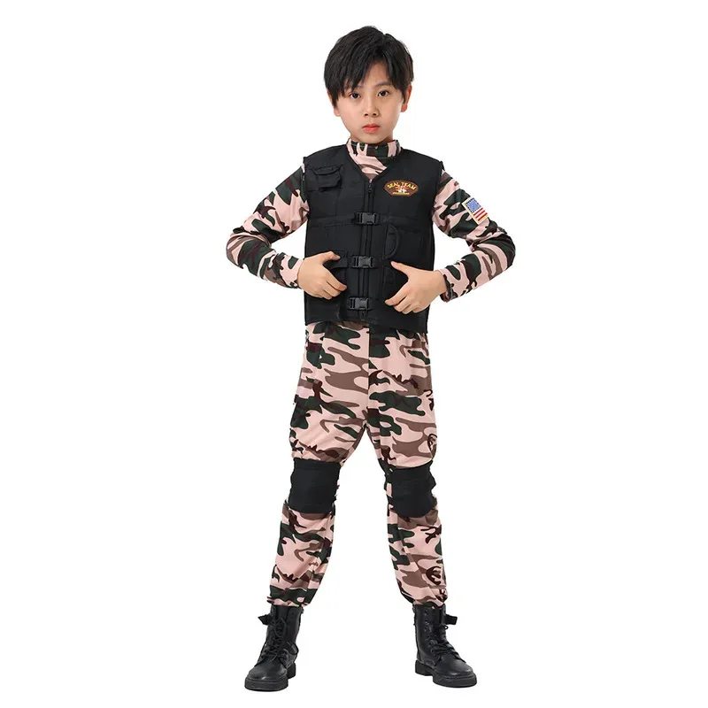 

Child Brave Soldier SEAL Team Army Military Uniform Cosplay Outfit Boys Career Day Halloween Party Camouflage Costumes